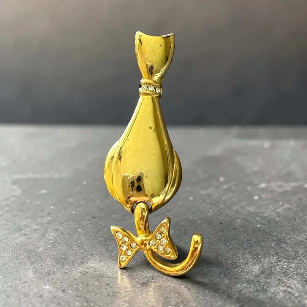 Vintage Gold Tone Cat Brooch Rhinestone Bow Kitty Pin Retro Cute 2.25”